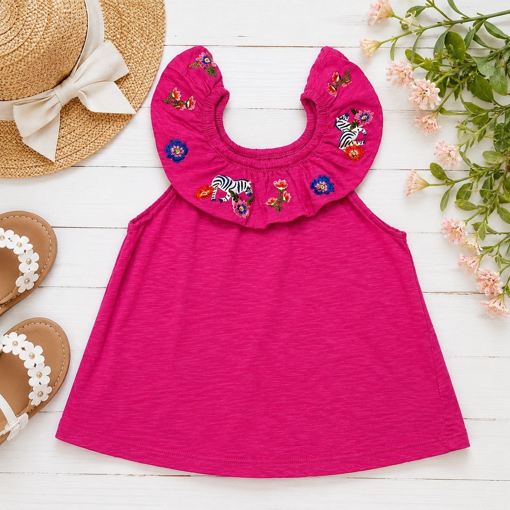 Mini Boden Girls Pink Zebra Embroidered Ruffle Tank Top 6-7Y